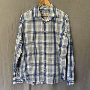 Express Large Fitted Long Sleeve Button-Front Shirt Blue White Plaid 16 - 16 1/2